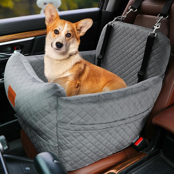 Dog Car Seat for Small/Medium Dogs,2 Adjustable Seat Belt,Memory Foam with Soft Fabric Pets Travel Car Bed with Non-Slip Bottom,Easily Installed in Front and Back Seats,Removable and Washable(H-Grey