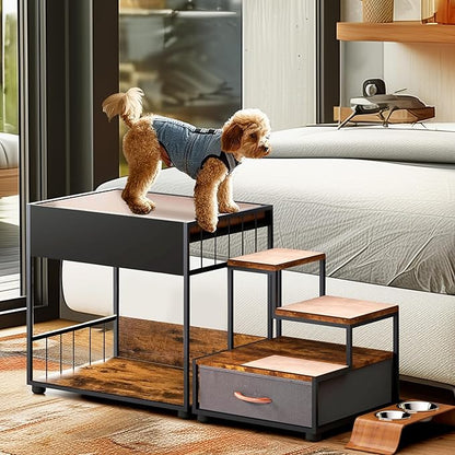 Dog Window Perch with Stairs, Indoor Dog Bunk Bed to Look Out Window, Pet Window Seat with Storage Drawer for Dogs and Cats, Vintage Wood Look