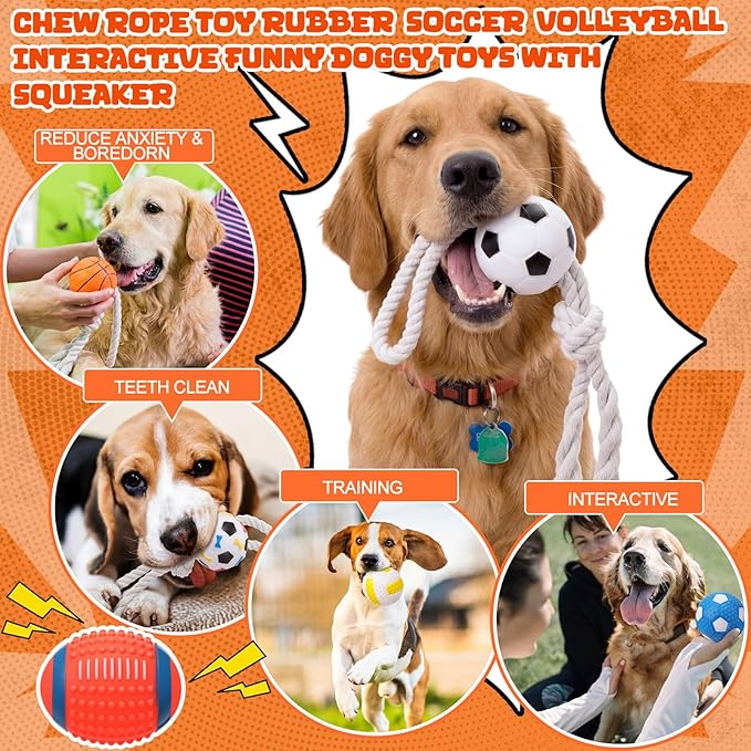 9 Pack Squeak Latex Puppy Dog Toy Ball and Dog Rope Toys Sets Sports Balls Sets Chew Rope Toy Rubber Soccer Volleyball Interactive Funny Doggy Toys with Squeaker for Teething Training