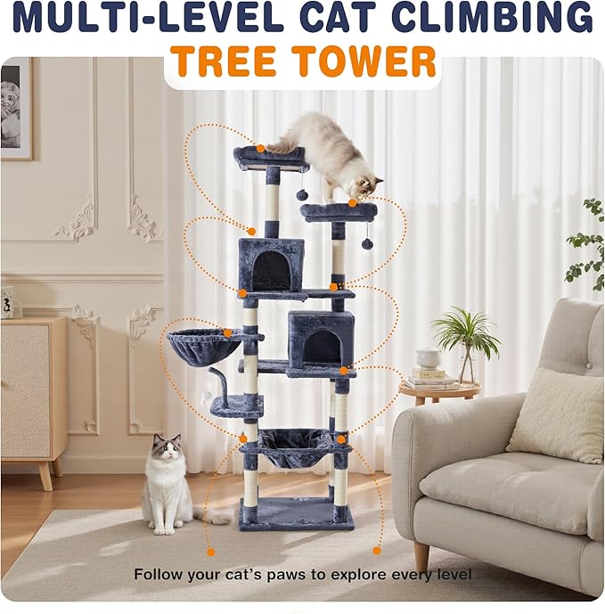 DUMOS Tall 71 inch Cat Tree Tower, Large Multi Level Cat Climbing Tower with Condo, Natural Sisal Scratching Posts, Platform, Hammock, Basket, Pet Tree House for Indoor Cats Play, Dark Grey