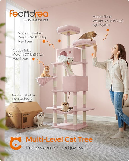 Feandrea Cat Tree, 81.1-Inch Large Cat Tower, Multi-Level Plush Condo with 13 Scratching Posts, 2 Perches, 2 Caves, Basket, Hammock, Pompoms, Jelly Pink UPCT190P01
