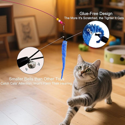 12Pcs Cat Wand Toy - 2 Cat Toy Stick Wand 10 Replacement Teasers with Bells, Interactive Feather Toy for Indoor Cats, Worm Cat Toy Teaser for Bored Adult Cats Kittens Play Chase Exercise