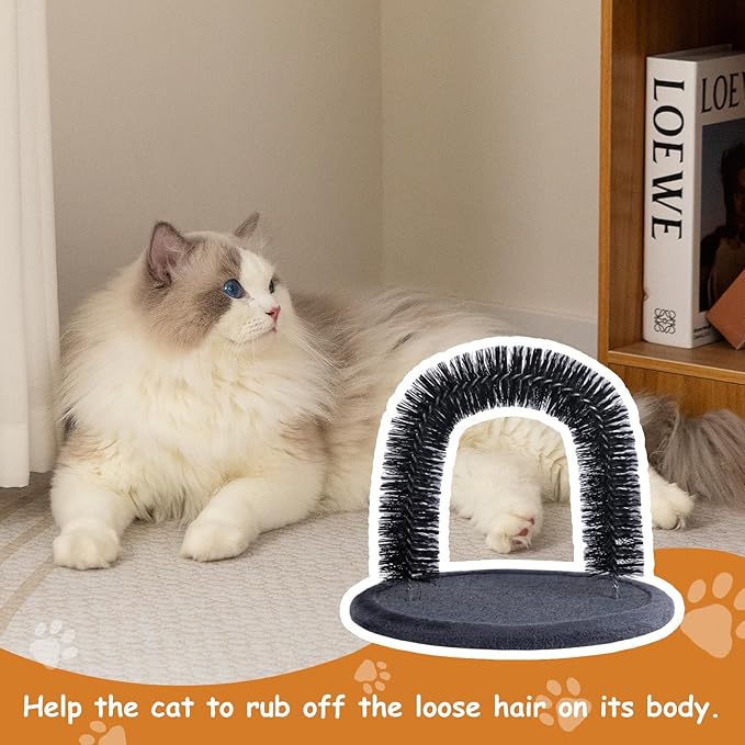 Hollypet Self Grooming Massager and Scratcher Toy - Cat Arch Brush for Back Grooming, Hair Cleaner Pads, Dark Gray
