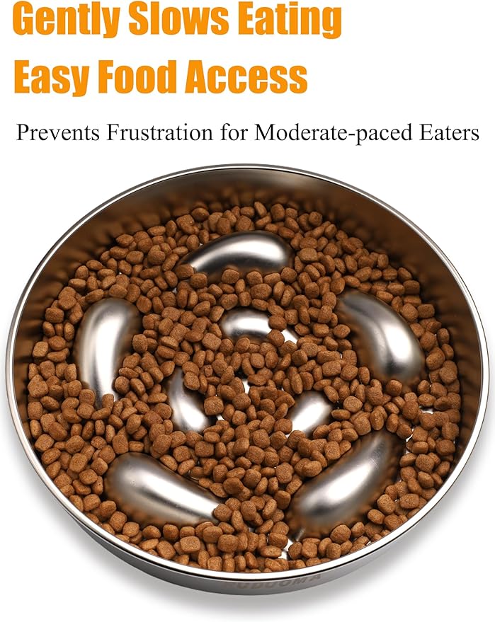 Stainless Steel Dog Bowls for Brachycephalic Breeds,Gentle Slow Feeding Design,Moderately Slow Down Eating Pace,Non-Slip,2.5 Cups Capacity Metal Bowl for Medium Dogs