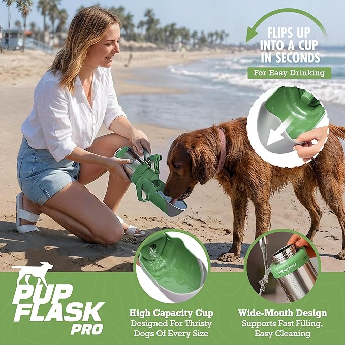 PupFlask Pro Dog Water Bottle | 30 or 50 OZ Double Wall Insulated Stainless Steel | Built-In Flip Cup Bowl | Leak Proof Cap | 24+ Hour Cold Water | Small & Large Dogs | Portable Pet Hydration Bottle