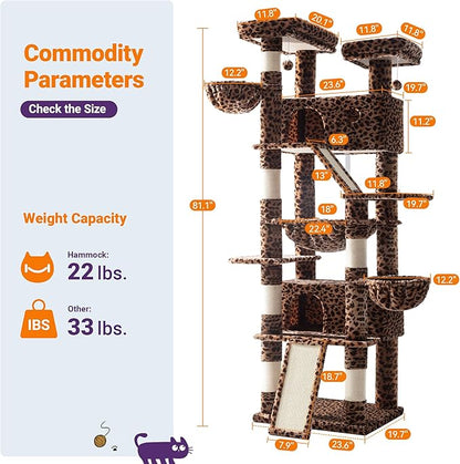 Allewie 81 Inches Tall Cat Tree/Multi-Level Large Climbing Tree House and Towers for Big Feline/Condo and Hammock/Scratching Post/Wide Base/Leopard Print