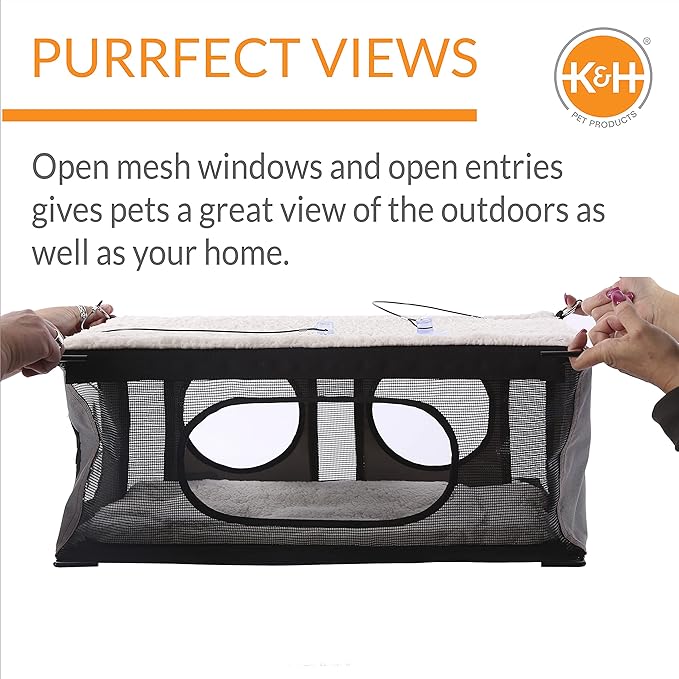 K&H Pet Products EZ Mount Cat Window Perch Penthouse 2-level Tree, Sturdy Window Perch for Large Cats, Steel Frame, Sturdy Suction Cups, Enclosed Privacy Area - Fits 24"W X 34"H Glass Spaces