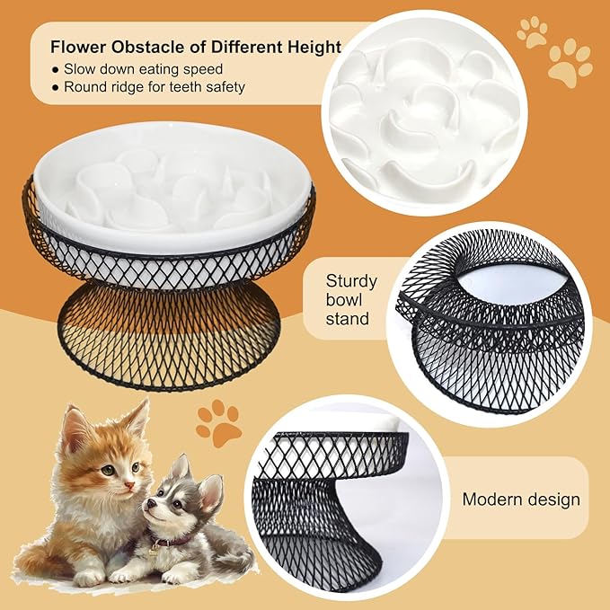 Raised Ceramic Cat Slow Feeder Bowl, Elevated Cat Plate with Stand, Slow Bowl for Wet and Dry Food, Whisker Friendly Pet Feeder for Kitten and Small Dog Perfect for Pet Gift