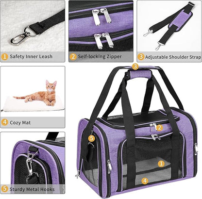 Soft-Sided Cat/Dog/Pet Carrier, Collapsible Pets Travel Carriers for Big Cats/Small Dogs with Shoulder Strap & Removable Mat, Mesh Puppy Carry Bag, Up to 16 Lbs, TSA Airline Approved(Purple)