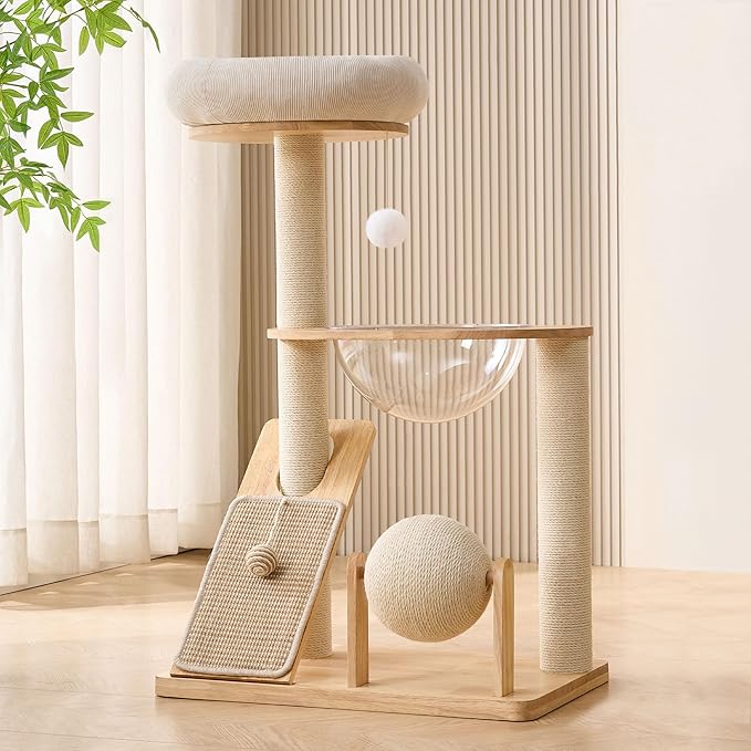 HITTITE Solid Wood Cat Tree Tower with Scratching Post, 37.8 Inches Tall Cat Towers with Scratching Board and Scratcher Ball, Modern Cat Tower With Space Capsule and Removable Top Bed for Indoor Cats.