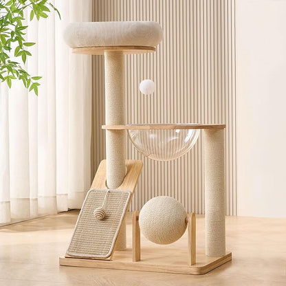 HITTITE Solid Wood Cat Tree Tower with Scratching Post, 37.8 Inches Tall Cat Towers with Scratching Board and Scratcher Ball, Modern Cat Tower With Space Capsule and Removable Top Bed for Indoor Cats.