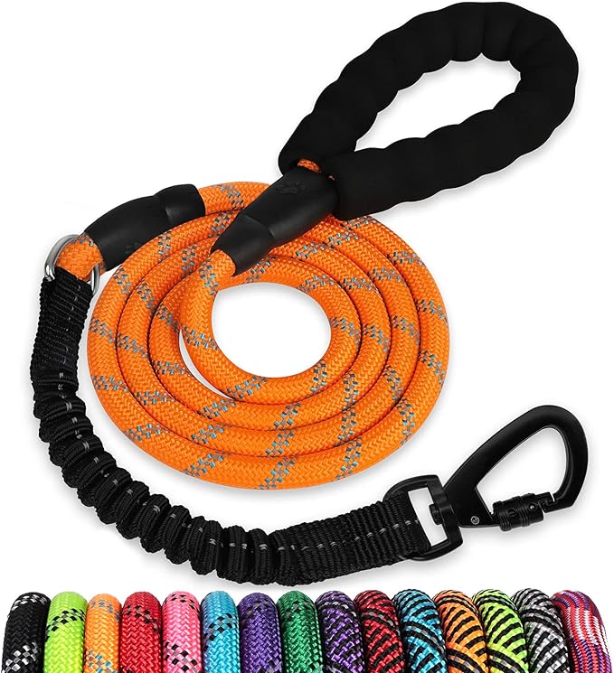 Rope Dog Leash 4 FT: Heavy Duty Leashes with Swivel Lockable Hook Reflective Threads Bungee and Padded Handle - Dog Lead for Large Small Medium Dogs Outside Walking Hiking Orange