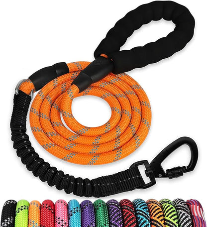 Rope Dog Leash 4 FT: Heavy Duty Leashes with Swivel Lockable Hook Reflective Threads Bungee and Padded Handle - Dog Lead for Large Small Medium Dogs Outside Walking Hiking Orange