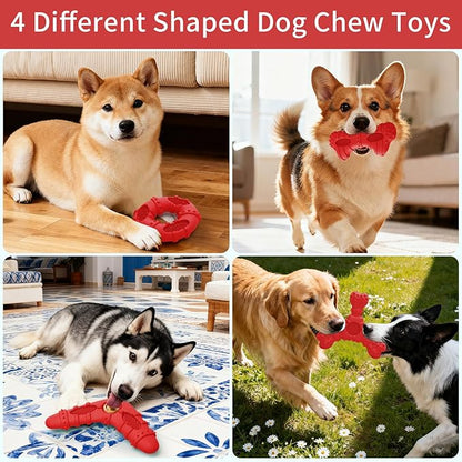 Natural Rubber Dog Chew Toys 4Pack,Tough Dog Toys for Aggressive Chewers Small Medium Breed,Interactive Dog Toys for Puppy to Clean Teeth Gum Massage,Tug & Fetch(Red)
