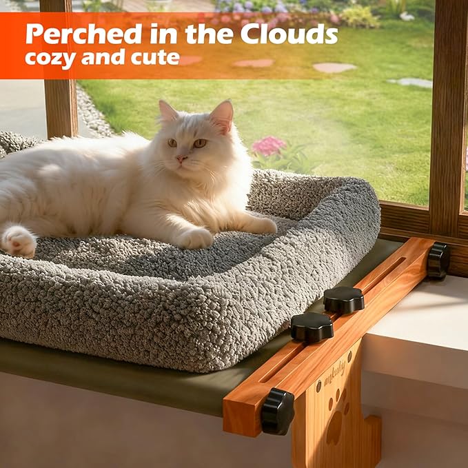 Cat Sill Window Perch Sturdy Hammock Window Seat with Cushion Bed Cover, Wood & Metal Frame for Large Cats, Easy to Adjust Cat Bed for Windowsill, Bedside, Drawer and Cabinet (M)