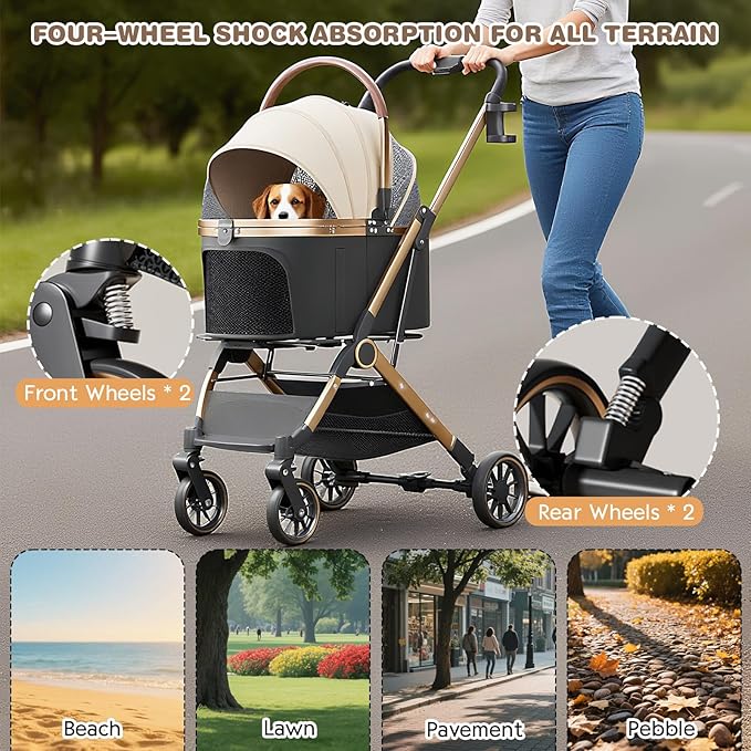 4 Wheels Pet Stroller for Small Medium Dogs Cats Up to 45 lbs Folding Dog Stroller with Detachable Breathable Carrier Suitable for Car Seat, Hand Carry & Travel, All Terrain, 3 in 1 Multifunctional