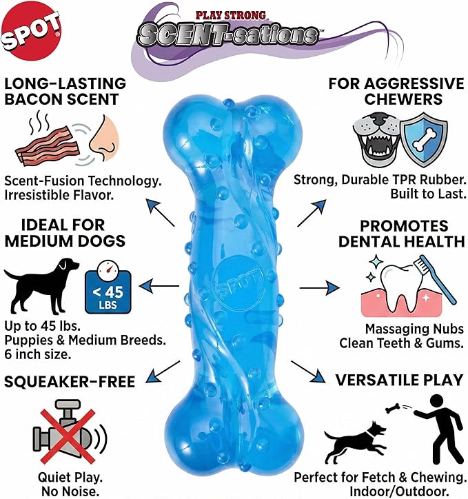 SPOT Play Strong Scent-sations Bone - Scent-Infused, Strong, Durable TPR Rubber, Heavy Duty Dog Toys for Aggressive Chewers up to 45lbs, Perfect for Puppies & Medium Breeds, 6in, Bacon Flavored