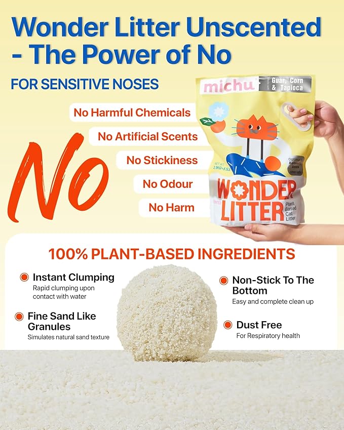 Michu Wonder Cat Litter, Cassava Plant-Based Cat Litter, Automatic Litter Box Friendly, Flushable & Fast Clumping, Low Dust Odor Control, 5.5lb/88oz - Unscented 4 Pack