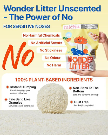 Michu Wonder Cat Litter, Cassava Plant-Based Cat Litter, Automatic Litter Box Friendly, Flushable & Fast Clumping, Low Dust Odor Control, 5.5lb/88oz - Unscented 4 Pack