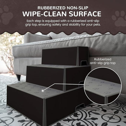 Pet Easy Steps Stairs for Small & Med Dog Cat Bed Sofa Chair - Adjustable Height & Portable - Stable with Rubberized Anti- Slip Mat & Magnetic Alignment - Easy 10 Second Setup - Espresso