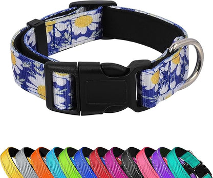 Reflective Dog Collar, Adjustable Soft Neoprene Padded Nylon Pet Collars with Buckle for Puppy and Small Dogs, Cats, Small Daisies Blue,L