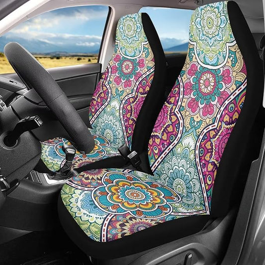 Dreaweet Boho Car Seat Covers Front Seats Universal 2 Piece Mandala Floral Pattern Car Decor Washable & Universal Seat Covers for Cars SUV Sedan