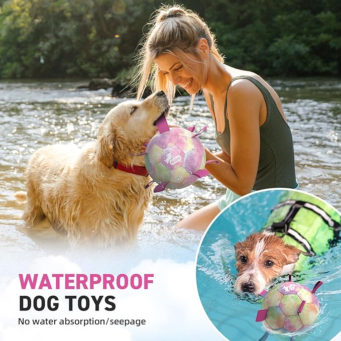 QDAN Dog Balls, Dog Soccer Ball with Straps, Pink Girl Puppy Toy Balls for Small Medium Dogs, Outdoor Water Pool Toys, Puppy Pet Birthday Gifts, Rainbow（6 Inch）