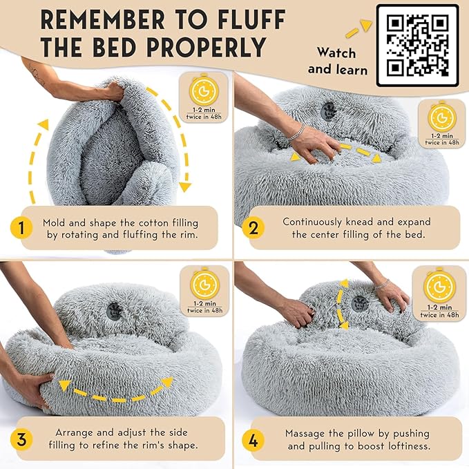 PetJett Calming Dog Bed Medium Size Dog - 30'' Donut Bed, Anti-Slip & Washable Super Soft Fluffy Plush Round Bed, Anti-Anxiety Premium Comfort Pet Bed, Fits Dogs up to 45 lbs - Bright Grey