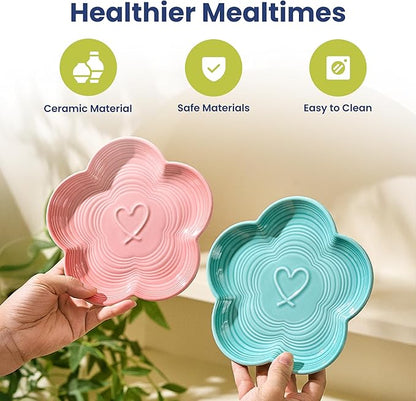 PawsPik Flower Ceramic Cat Feeding Plate with Raised Bamboo Stand, Elevated Whisker-Friendly Pet Bowl, Anti-Slip Stable Design, Dishwasher Safe (Pink)