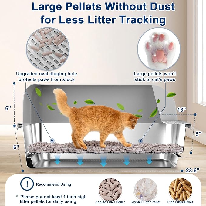 23.6"x15.7"x6" Stainless Steel Litter Box with Lid, XL Sifting Litter Box for Pine Pellets with Removable Drawer Pan for Easy Cleaning, High Sides Large Metal Litter Box System for Big Cats
