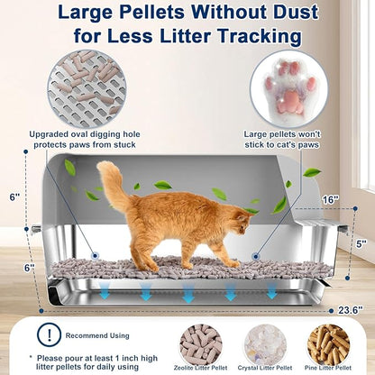 23.6"x15.7"x6" Stainless Steel Litter Box with Lid, XL Sifting Litter Box for Pine Pellets with Removable Drawer Pan for Easy Cleaning, High Sides Large Metal Litter Box System for Big Cats