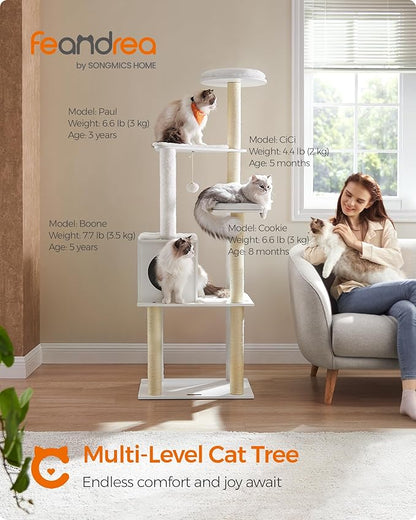 Feandrea Cat Tree, 65-Inch Modern Cat Tower for Indoor Cats, Multi-Level Cat Condo with 5 Scratching Posts, Perch, Washable Removable Cushions, Cat Furniture, Cloud White UPCT166W01