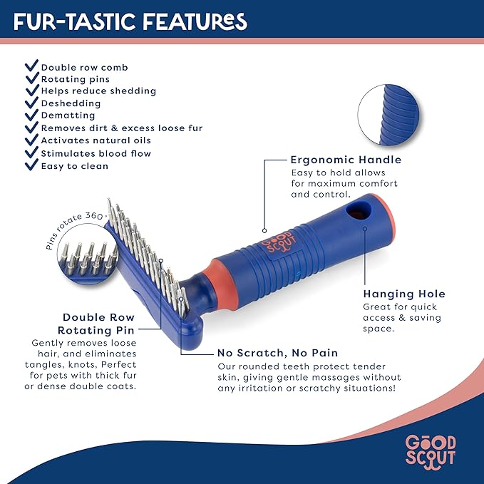 Good Scout Pet Hair Rake with Double Row Rotating Pins, Best Deshedding Tool for Dogs & Cats, Gentle, Safe & Effective Grooming Tool for Short or Long Haired Animals