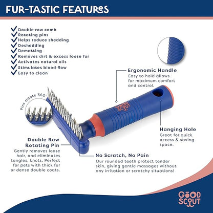 Good Scout Pet Hair Rake with Double Row Rotating Pins, Best Deshedding Tool for Dogs & Cats, Gentle, Safe & Effective Grooming Tool for Short or Long Haired Animals