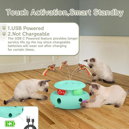 Cat Toys,3-in-1 Interactive Cat Toys for Indoor Cats,Rechargeable Automatic Interactive Cat Toy with Fluttering Butterfly,Smart Sensor 6 Holes Mice Whack-A-Mole and Track Balls,Blue