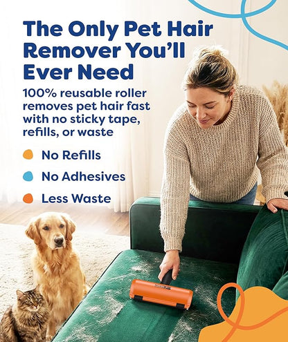 Triton Pet Hair Removal Tool w/Fur Trapping Compartment, 60% Smaller Storage Size, Reusable Shedding Roller, Cat and Dog Hair Remover for Car, Furniture, Carpet, Couch (Orange)