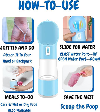 All-in-One Portable Dog Water Bottle, Food Dispenser, Poop Bag Dispenser, Dry/Wet Food Container 7 oz., Travel Water Bottle 9oz., 2 Poop Bags Included, Food Grade Plastic, Leak Proof-Blue Color