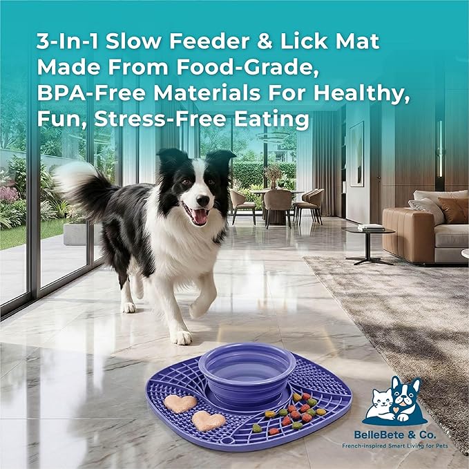 BelleBête & Co. 3-in-1 Pet Slow Feeder Lick Mat with Collapsible Bowl for Dog & Cat – Food-Grade Material & Non-Slip Base for Kibble, Dry and Wet Food, Digestive Health & Reduce Anxiety | Blue