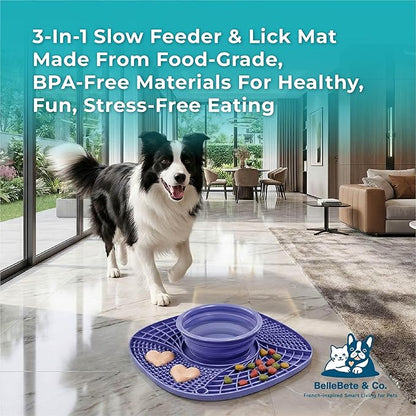 BelleBête & Co. 3-in-1 Pet Slow Feeder Lick Mat with Collapsible Bowl for Dog & Cat – Food-Grade Material & Non-Slip Base for Kibble, Dry and Wet Food, Digestive Health & Reduce Anxiety | Blue