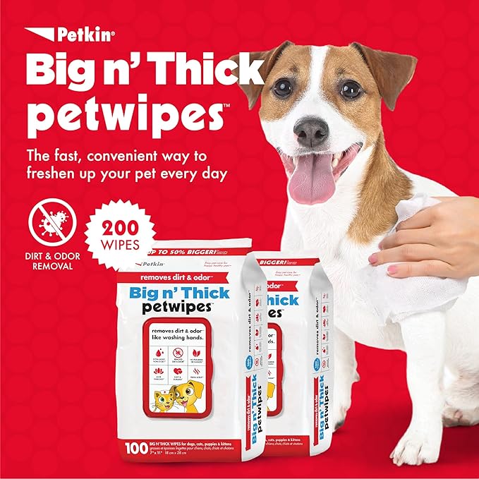 Petkin Pet Wipes for Dogs & Cats - 200 Large Wipes - Removes Dirt & Odor - Cleans Ears, Face, Butt, Eye Area - Convenient for Home or Travel - 2 Packs.