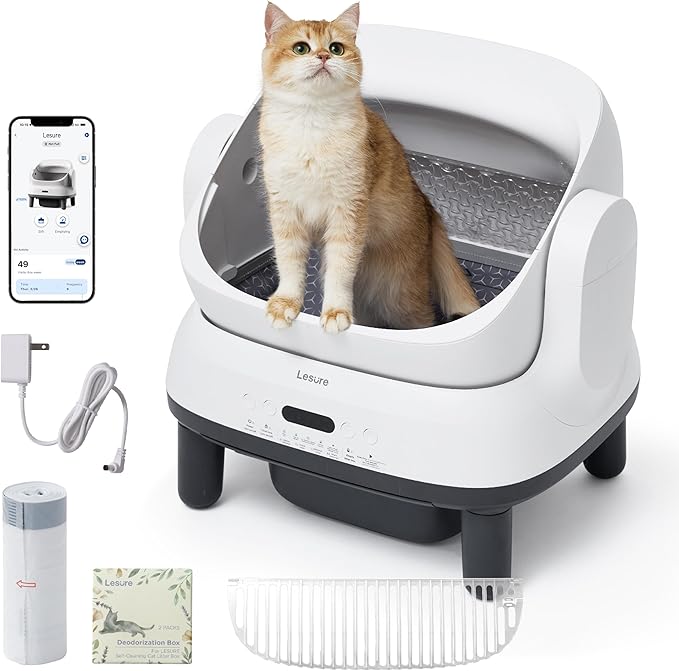 Lesure Self Cleaning Litter Box - Open-Top Automatic Cat Litter Box with APP Control & Anti-Pinch Sensor, for Large Cats, Odor Control, Includes 2 Sifters & 1 Roll Waste Bags
