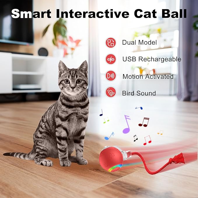 Quibron Interactive Cat Ball Toy with Flashing Lights & Bird Sounds - Multi-Surface Adaptive Roller, USB Rechargeable Motion-Activated Cat Teaser for Indoor Cats, Smart Enrichment Gift (Red)