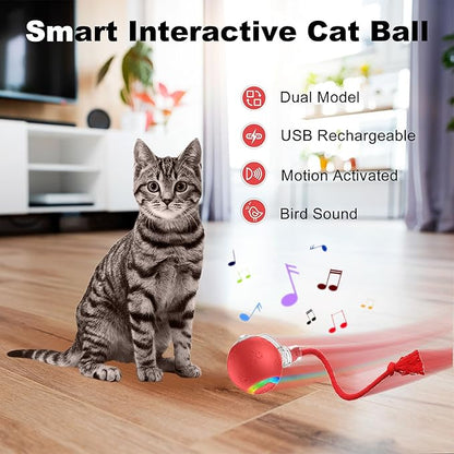 Quibron Interactive Cat Ball Toy with Flashing Lights & Bird Sounds - Multi-Surface Adaptive Roller, USB Rechargeable Motion-Activated Cat Teaser for Indoor Cats, Smart Enrichment Gift (Red)