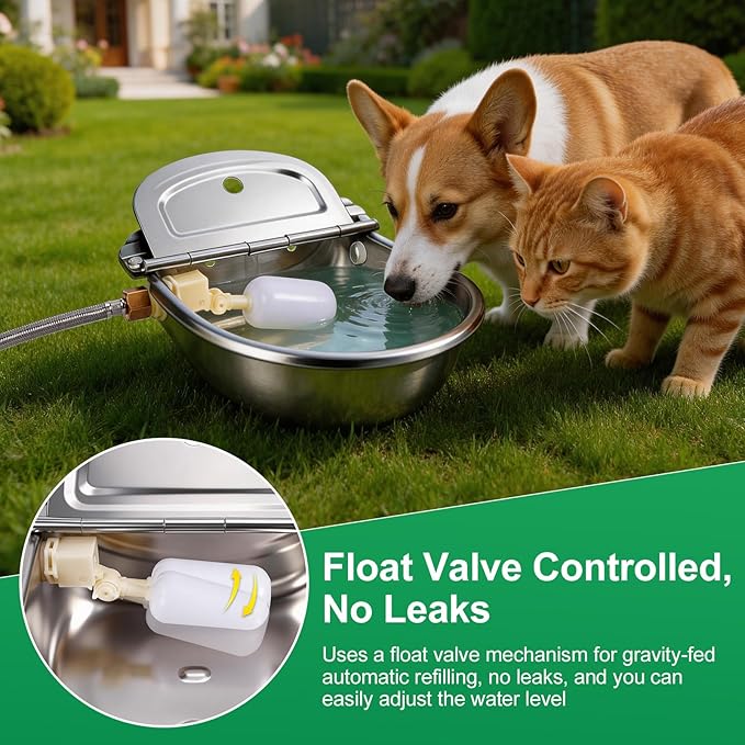 Metal Automatic Dog Water Bowl Dispenser, Outdoor Heavy Duty Stainless Steel Dog Waterer, Auto Self Filling Animal Water Feeder for Dogs Cats with Float and Drain Plug