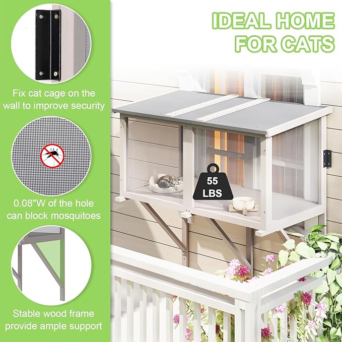 46.8" L Cat Window Box,Outdoor Enclosure for Indoor Cats,Wooden Window Catio for 1-3 Cats,Cat Wall-Mounted Perch Suitable for Wooden & Cement Wall for Sunbathing,Napping,Overlooking