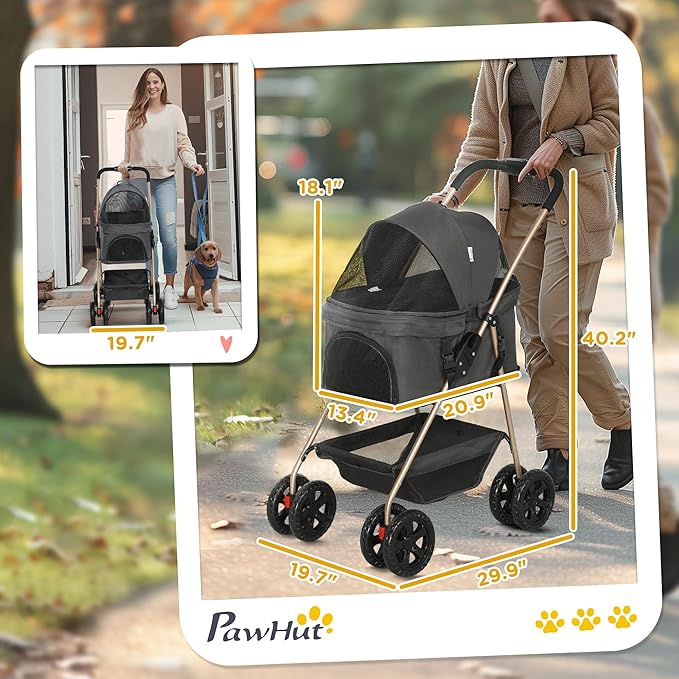 PawHut 3 in 1 Dog Stroller with Detachable Carrier, Lightweight Folding Pet Stroller with 4 Wheels, Storage Basket, Cupholder, Washable Pads for Puppy & Kittens, Gray