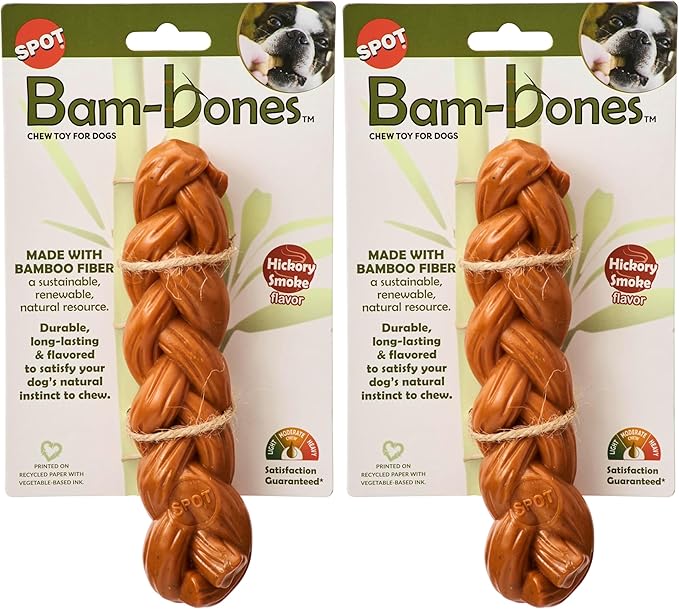 SPOT Bam-Bones Braided Stick - Made with Strong Bamboo Fiber, Durable Long Lasting Dog Chew Toy for Light to Moderate Chewers, for Dogs & Teething Puppies Under 40lbs, 7.25in, Hickory Smoke Flavor