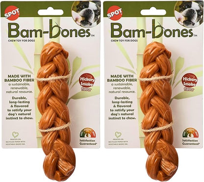 SPOT Bam-Bones Braided Stick - Made with Strong Bamboo Fiber, Durable Long Lasting Dog Chew Toy for Light to Moderate Chewers, for Dogs & Teething Puppies Under 40lbs, 7.25in, Hickory Smoke Flavor