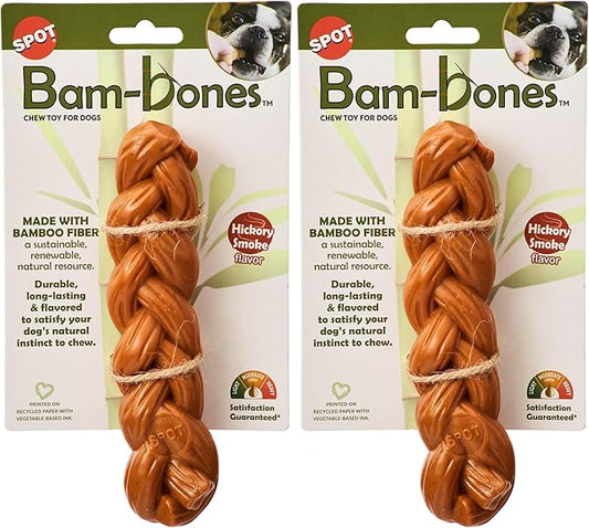 SPOT Bam-Bones Braided Stick - Made with Strong Bamboo Fiber, Durable Long Lasting Dog Chew Toy for Light to Moderate Chewers, for Dogs & Teething Puppies Under 40lbs, 7.25in, Hickory Smoke Flavor