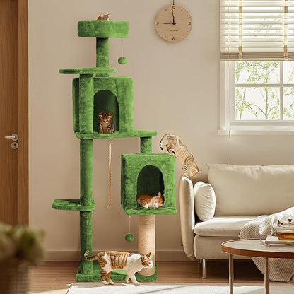 58in Large Cat Tree Tower for Indoor Cats with Soft Plush Hang Ball, Two Condos, Sisal Scratch Posts & Rope Play for Kittens/Adult Cats, Green